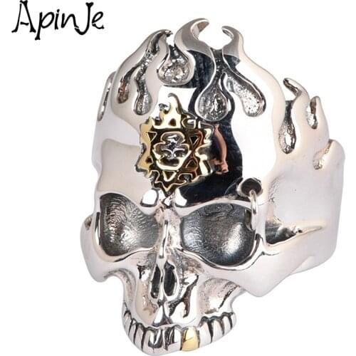 Apinje 925 Silver Vintage Ring for Men Punk Style Silver Skull Ring Cool Flame Skull Jewelry