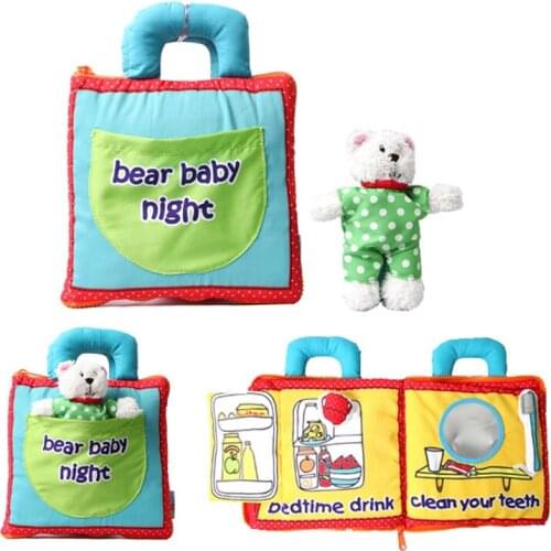 Cute Cartoon Handbag Style Baby Cloth Book with Stuffed Plush Soothing Bear Doll Early Educational Toys Infants Montessori