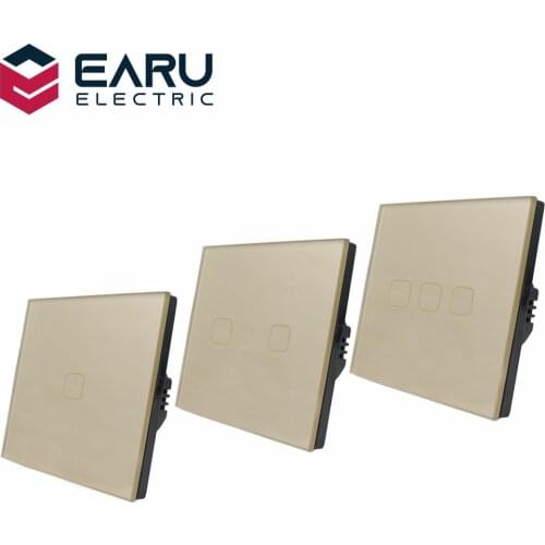 EU Standard 1 2 3 Gang 1 Way AC100-240V 10A Gold Crystal Glass Panel Screen Wall LED Power Light Touch Switch Push Button Switch