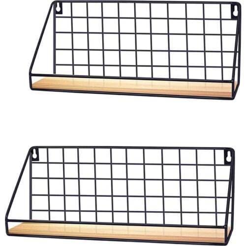 Wall Mounted Floating Shelves Set of 2, Floating Shelves Wood Bottom Wall Storage Shelves with Rustic Wire Display Racks