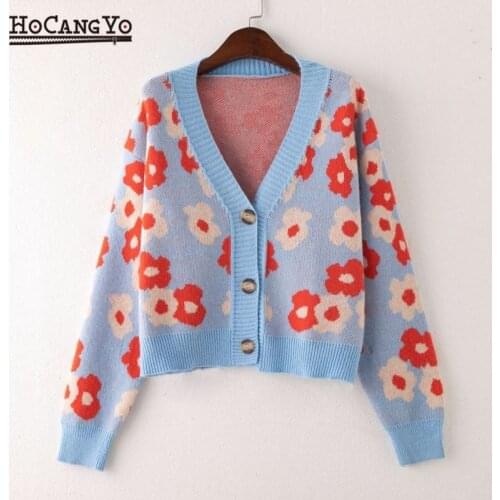Spring Womens Floral Print Sweaters V-neck Knitted Cardigans Female Sweater Loose Sweet Lady Long Sleeve Open Stitch Sweaters