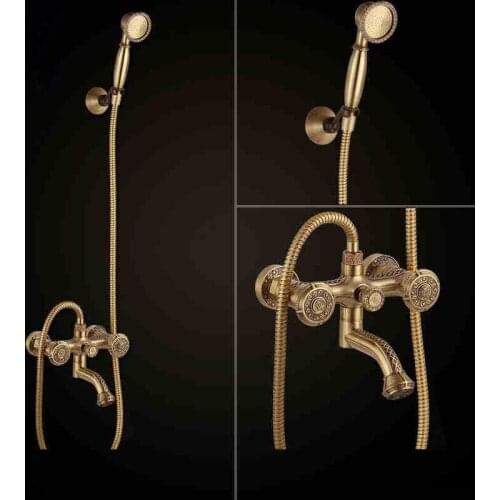 Vidric Bathtub Faucet Antique Brass Bath Rain Shower Faucet Head and Handheld Shower Faucet 2 Handel Bathroom Wall Mounted Mixer