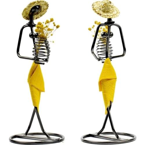 Yellow Skirt Girl Beauty Lady Flowers Holder Vase Metal Iron Cloth Straw Hat Figurines Craft Home Decoration Gift Ornaments
