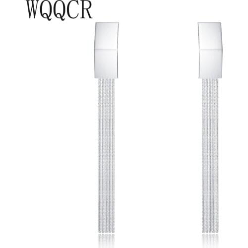 WQQCR Fashion Silver colorColor 925 Ear Studs Women Earrings Simple Square Long Tassel Drop Earrings for Women Ear Line Jewelry