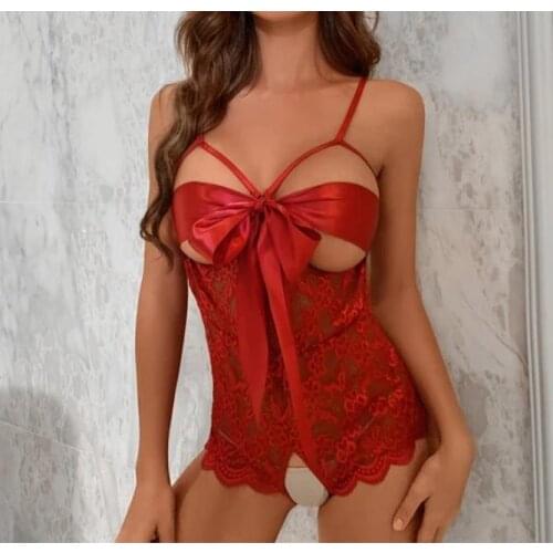 Women Sexy Lingerie Bodysuit Floral Lace Perspective Bowknot Teddies Adjustable Strap Ladies Exotic Underwear Sleepwear
