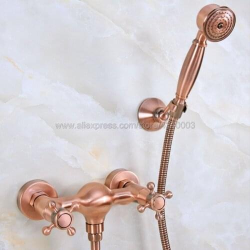 Antique Red Copper Wall Mounted Bathroom Shower Faucet Set Mixer w/ Hand Sprayer Dual Handle Hot and Cold Water Mixer Kna295