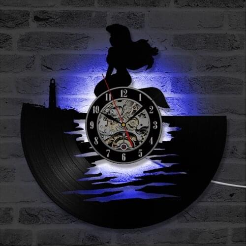 The Little Mermaid Vinyl Record Clock Creative Hollow Ariel and Sea Wall Clock Antique Clock Gift For Little Girl LED Clock