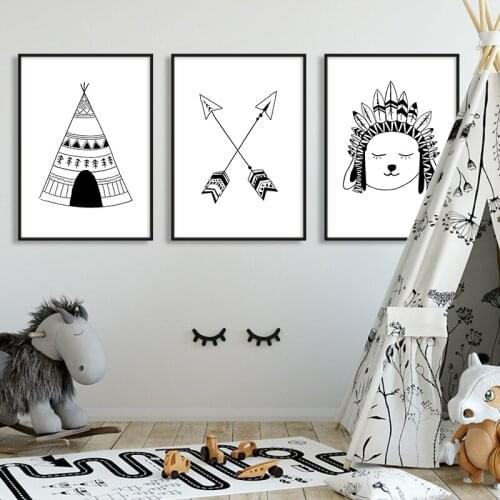 Black White Cartoon Indian Style Wall Art Nordic Cartoon Posters And Prints Nursery Wall Pictures For Kids Bedroom Home Decor
