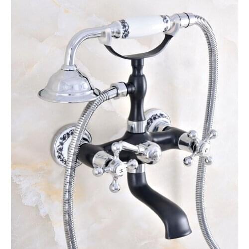 Black Silver Wall Mount Bathtub Faucet Dual Handles Swivel Spout Mixer Tap with Hand Sprayer zna618