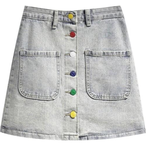 PERHAPS U Denim Mini Skirt Colorful Buttons High Street Empire Sweet Blue Pocket S0218
