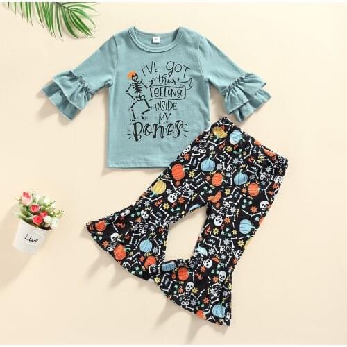 FOCUSNORM 1-5Y Infant Kids Girls Halloween Clothes Sets Ruffles Long Sleeve Letter Printed Tops Flare Pants 2pcs