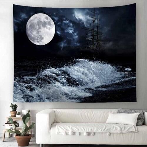 Ocean Wave Moon Tapestry Wall Hanging Landscape Hippie Tapestry Art Backdrop Dorm Decor Cloth Wall Blanket Psychedelic Tapestry