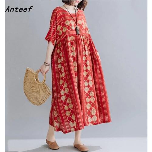 Plus size cotton short sleeve vintage Polka Dot dresses for women casual loose long woman summer dress elegant clothes 2021