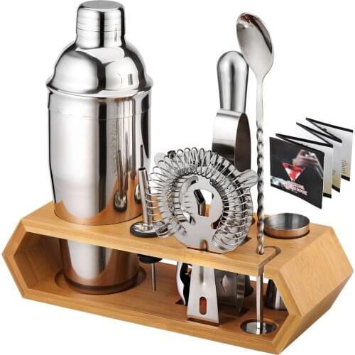 10-Piece Cocktail Shaker Bar Set Stainless Steel Bartender Kit Mixer Drink BrowserKit Bars Set Rhombus Bamboo Frame