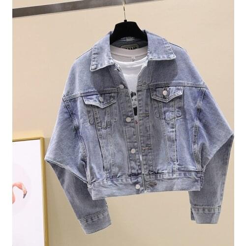 Spring Autumn Korean Plus Size Loose Denim Jacket Women Bat Sleeve Jeans Coat Short Outerwear Black Streetwear Clothes Female