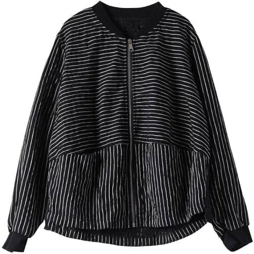 New Casual Striped Short Coats Cotton Loose Zipper Jackets Big Size Spring Autumn Korea Fashion Women Long Sleeve