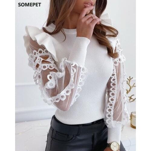 Fashion Women Spring Autumn T-Shirts Mesh Patchwork Design Lace Ruffles Decor See Through O-Neck Long Sleeve Solid Pullovers Top