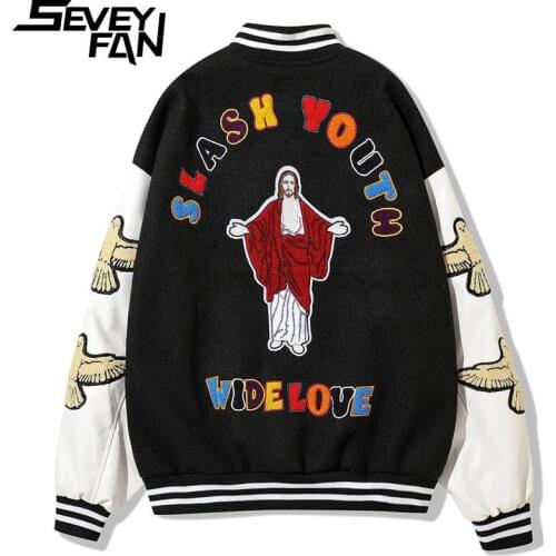 SEVEYFAN Mens Retro Wing Letter Towel Embroidery PU Leather Patchwork Coat Hip Hop Streetwear Loose Baseball Coat for Couples