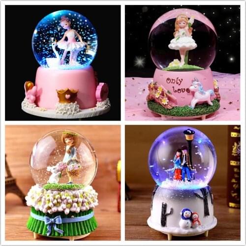 Crystal Ball Music Box Girl Birthday Gifts unicorn Star Moon Rainbow Glowing Snowflakes Home Decoration Desktop Ornament