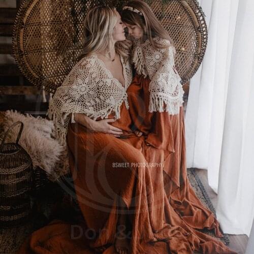 A Set Boho Cotton Photo Shoot Mom and Daughter Robe Maternity Dresses Evening Party Costume for Women Photography Accessories