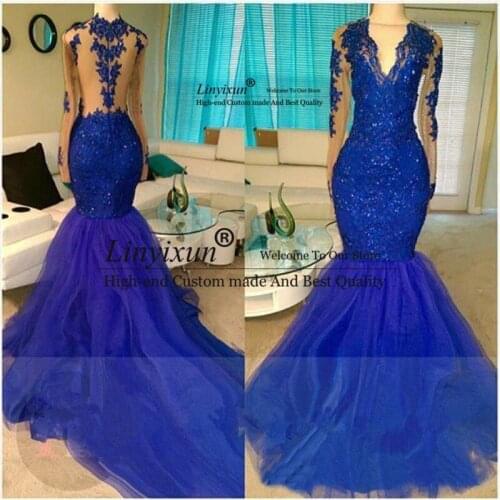 Real Elegant Mermaid Prom Dresses Sexy V Neck Illusion Long Sleeves Backless Appliqued Sequined Long Tulle Party Evening Gowns