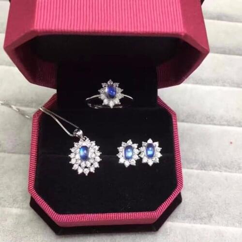 Natural blue moonstone set, crystal clean, ring necklace, womens party wear must-have jewelry, 925 sterling silver