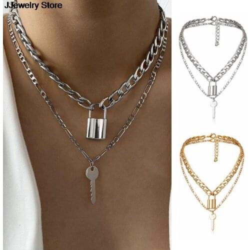 NEW 1PC Link Chain Choker Necklace Punk Multilayer Padlock Key Long Pendant Necklace for Women Gold Color Collar Jewlery
