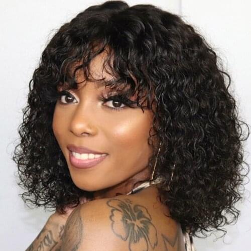 12 Inch Water Wave Curly Bob Human Hair Wig With Bangs Full Machine Made Short Human Hair Wig For Black Women Remy Pixie Cut Wig