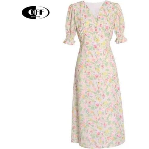 French Women Summer Midi Dress Elegant Vintage Puff Short Sleeve V-neck Beach Chic Casual Lady Dresses Clothes Vestidos femme ZA