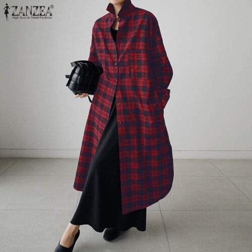 ZANZEA Womens Pockets Streetwear Robe Grid Printed Elegant Vestido Chic Sundress Long Sleeve Leisure Work Dresses Femme Dress