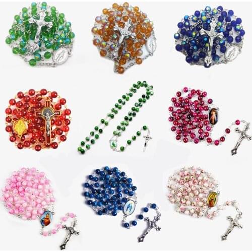9 Types Religion Cross Pendant Rosary Bead Necklace Catholic Choker Round Glass Beads Virgin Mary Jesus Jewelry Accessories Gift
