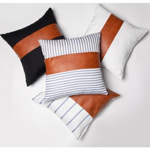PU Leather Canvas Stripes Stitching Pillowcases Decoration Cushions Covers for Sofa Bed Car Seat Waterproof Throw Pillows