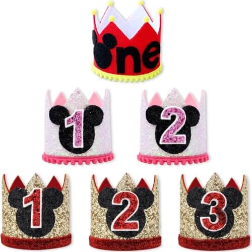 Disney Mickey Minnie Mouse Baby Birthday Party Hats Kids Princess Crown Cap Party Decorations Kids Favors Headband