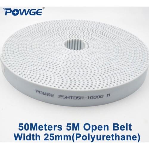 POWGE 50Meters PU White HTD 5M Open Timing belt 5M-25mm Width 25mm Polyurethane steel Arc Tooth 25HTD5M Synchronous Belt pulley