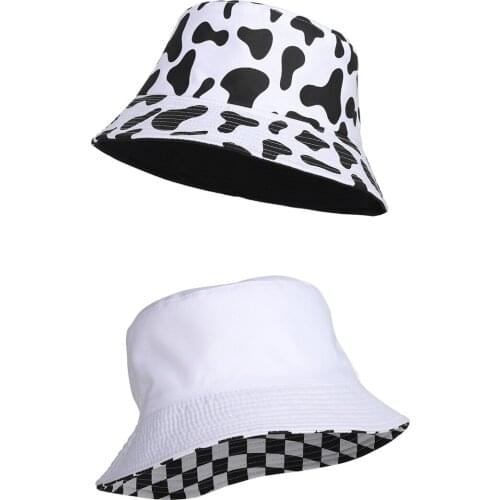 New Student Personality Cow Pattern Leisure Fisherman Hat Black and White Lattice Love To Go Out and Play Sun Hats