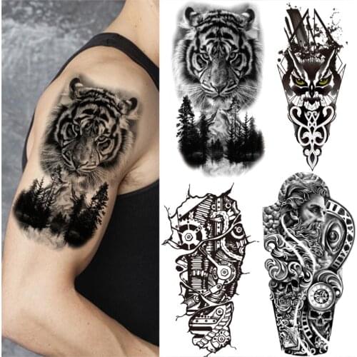 Tiger Forest Mountain Half Sleeve Tattoo Sticker For Men Women Adult Mechanical Arm God Temporary Tattoos Body Art Tatoo Forearm