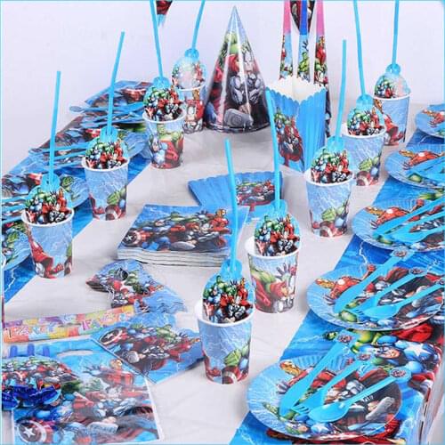 Superhero Avengers Birthday Party Decorations Kids Baby Shower Disposable Tableware Cups Tablecloth Plate Event Party Supplies
