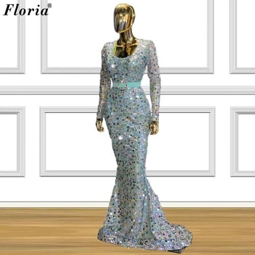 Middle East Sequins Evening Dresses Mermaid Long Sleeves Formal Evening Gowns Turkish Couture Party Dresses Vestidos Formales