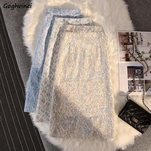 Skirts Women 3 Colors Floral Back Split Vintage All-match Empire Mid-calf Summer Thin Lace Design Fashion Harajuku Ulzzang Soft