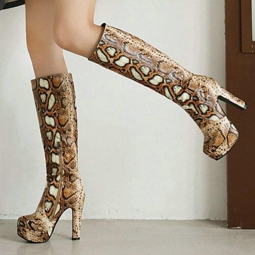 Autumn and Winter Series of Fashion Snake Print PU Women Knee length High Boots Round Toe 12CM Square Root Platform Boots