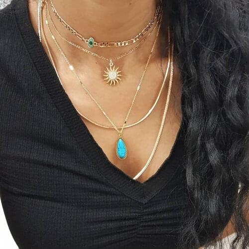 2020 Gold Vintage New Multilevel Fashion Necklaces For Women Female Blue Eye Crystal Sun Pendant Necklace Jewelry Gift