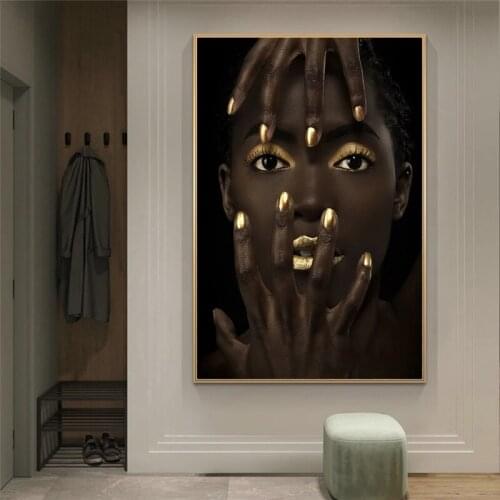 African Woman Art With Gold Sexy Lips Canvas Paintings On The Wall Art Posters And Prints Black Girls Art Pictures Home Decor