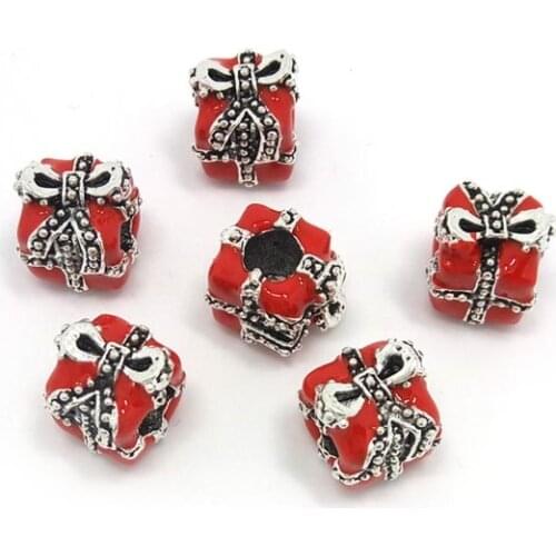 Free Shipping New 20pcs Christmas Gift Box Big Hole Red Oil-drip Beads fit European Bracelet DIY
