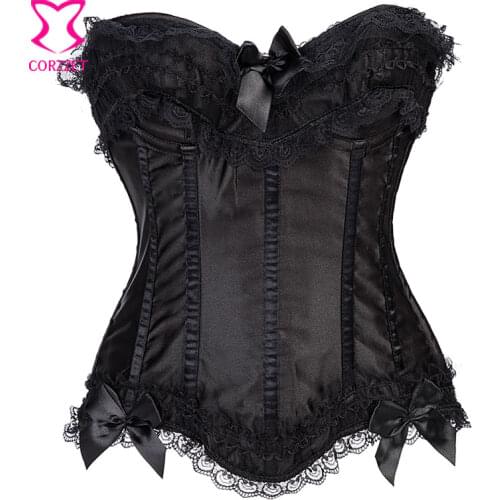 Victorian Lace Trim Black Satin Bustier Push Up Cup Top Gothic Corset Burlesque Corsets and Bustiers Sexy Korsett For Women