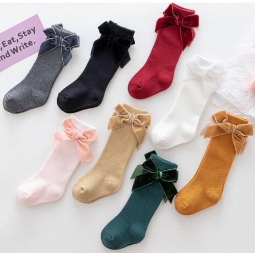 8 Colors Childrens Girls Princess Velvet Bow Socks Kids Bow In Tube Socks Cute Baby Toddler Knee High Cotton Knitted Sock 0-3Y