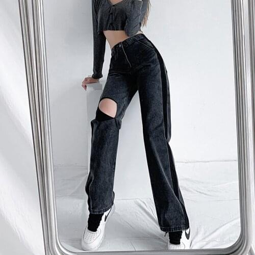 Early Autumn 2021 High Waist Contrast Color Denim Jeans Womens Personality Hole Straight Long Pants Office Lady