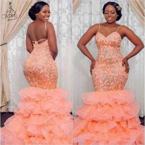 Elegant Vestidos Spaghetti Mermaid Evening Dress for Black Girl Lace Tiers Skirt African Prom Dresses Long Backless Formal Gown