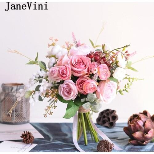 JaneVini 2020 Elegant Pink Wedding Bouquets Bridal Bridesmaid Hand Flowers Artificial Silk Rose Peony Bouquet Wedding Decoration