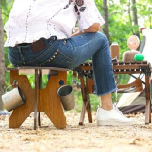 Camping Water Bucket Stand Wooden Cooler Holder Hooks Grill Folding Stool