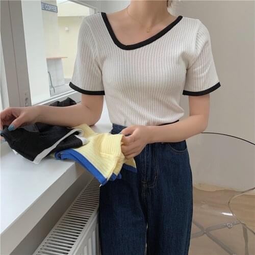 Crop Tops Slim Female Tops 2021 Summer Knitted Women Asymmetrical Neck T-shirt Korean Style Basic Woman White Black Tee Shirt